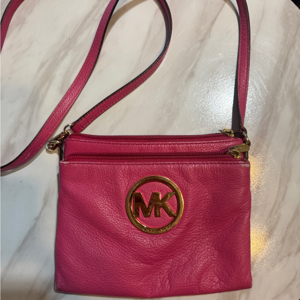 Michael Kors Vibrant Pink Leather Crossbody Bag with Gold Logo